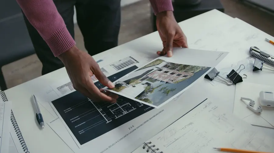 Hands shaping a place concept around plans and photography